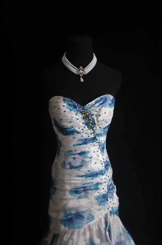 Retro Mermaid Sweetheart Floral Blue 2000s Long Prom Dresses Inspo 19th Birthday Outfits Formal Dress N499