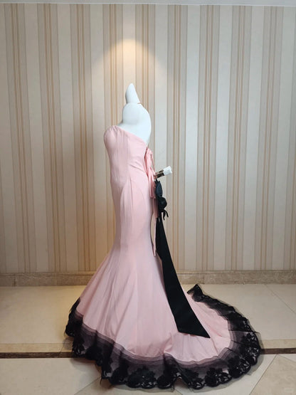 Elegant Mermaid Sweetheart Pink Chiffon With Black Lace 18th Birthday Elegant Outfit Formal Prom Dresses N4192