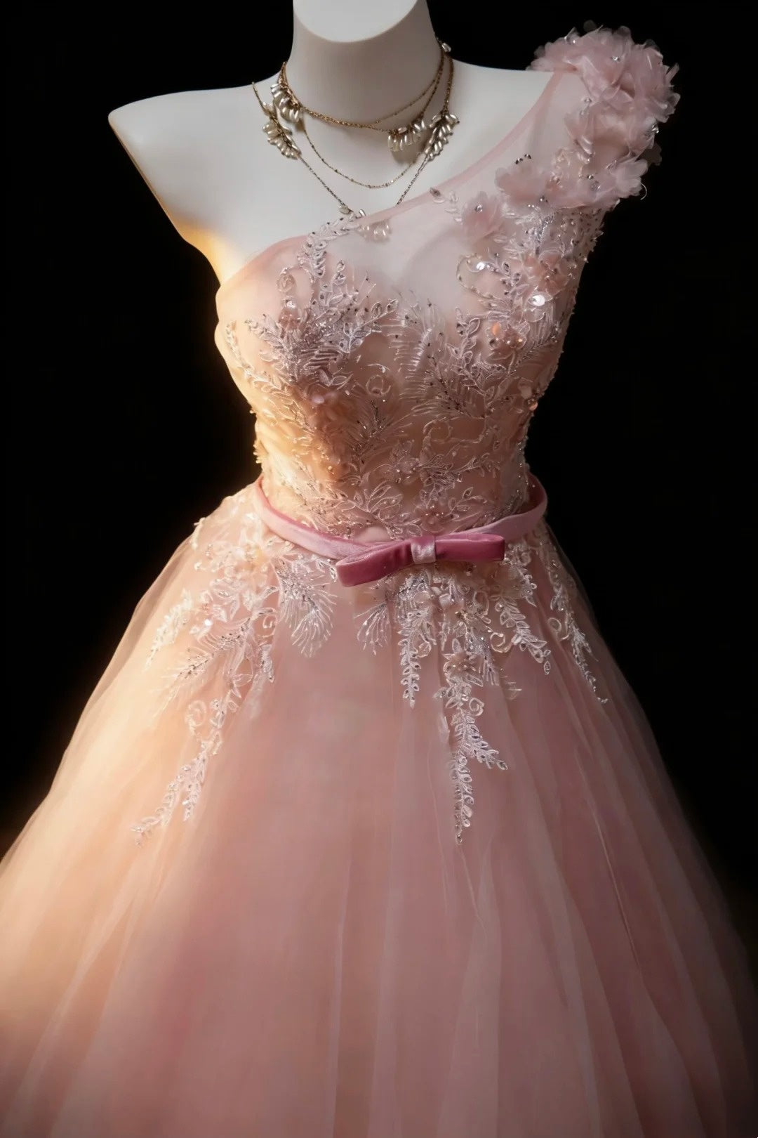 Pretty Prom Dresses Ball Gown One Shoulder Blush Pink Tulle With Appliques Long Formal Dress N2954