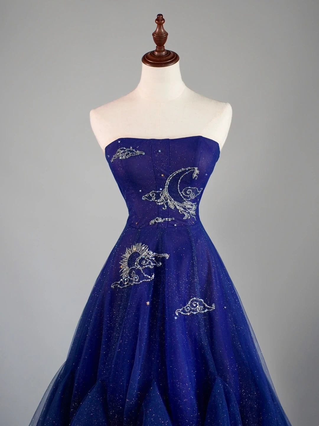 Modest A Line Strapless Tulle Royal Blue Prom Dresses Long for Women Formal Evening Gown AB171