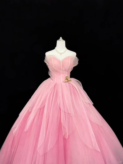Sweet 16 Dresses Long Ball Gown Sweet Sixteen Long Birthday Dress Sweetheart Pink Tulle Formal Gown RC0296