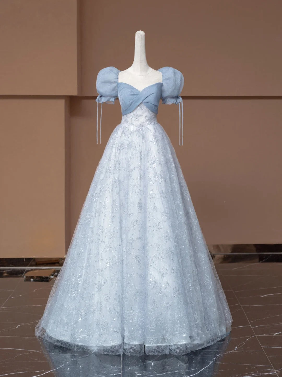 Fairytale Ball Gown Sweetheart With Puffy Sleeves Blue Tulle Long Formal Evening Dress Formal Birthday Gowns Prom Dresses N730