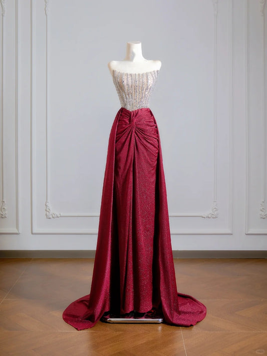 Sparkly Sheath Strapless Burgundy Sequin Long Prom Dresses Impress 18th Birthday Outfits Party Gown N343