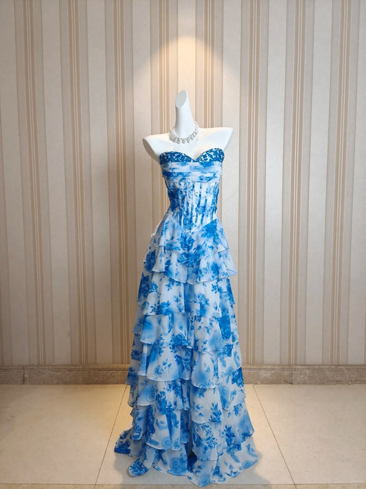 Modest A line Sweetheart Floral Blue Chiffon Ruffled Tiered Layers Evening Dresses Night Date Prom Dress N4482