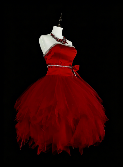 Unique Ball Gown Strapless Tulle Red Inspo Vintage Fashion 2000s Hoco Gowns Short Inspo Homecoming Dresses N2011
