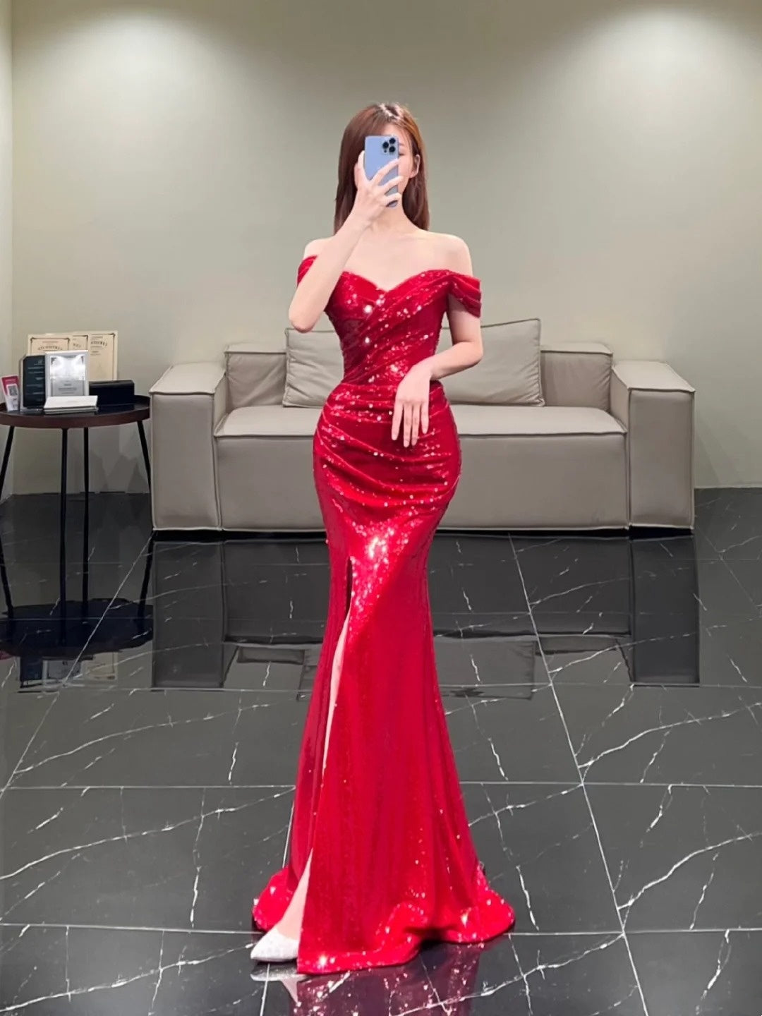 Modest Mermaid Off The Shoulder Wine Red Sequin With Ruffles Slit Long Prom Dresses Night Formal Dresses N598