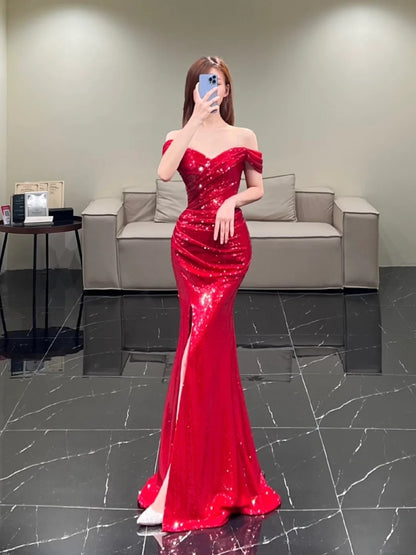 Modest Mermaid Off The Shoulder Wine Red Sequin With Ruffles Slit Long Prom Dresses Night Formal Dresses N598