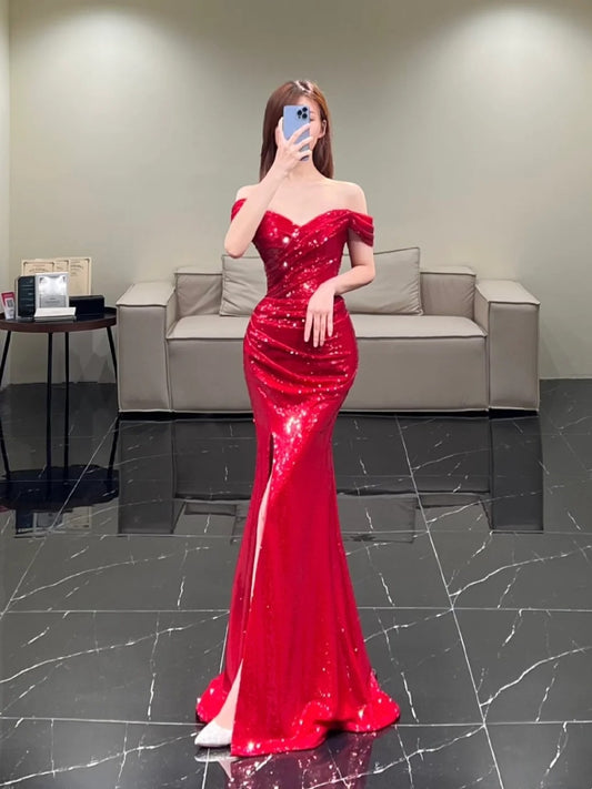Modest Mermaid Off The Shoulder Wine Red Sequin With Ruffles Slit Long Prom Dresses Night Formal Dresses N598