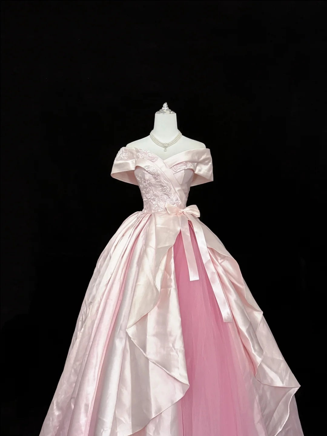Tulle Prom Dress Long Floor Length Ball Gown Off Shoulder Pink With Bow-knot Lace Formal Evening Gown For Women RC0255