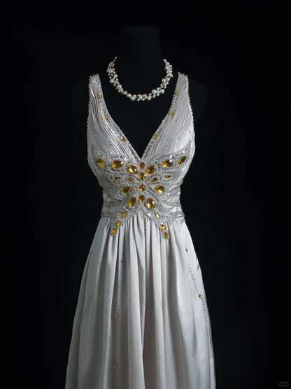 Vintage Prom Dresses 1960s A line V Neck Grey Satin Backless With Beaded Evening Formal Outfits RB5141