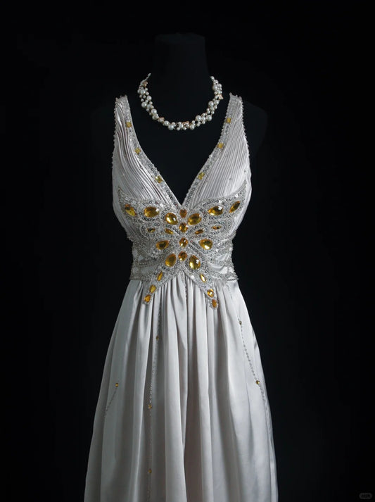 Vintage Prom Dresses 1960s A line V Neck Grey Satin Backless With Beaded Evening Formal Outfits RB5141
