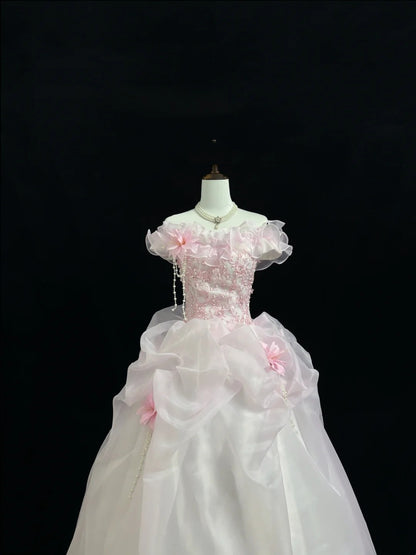 Pink Sweet 16 Dresses Long Ball Gown Off Shoulder With Ruffled Lace Sweet Sixteen Birthday Gown RC0230