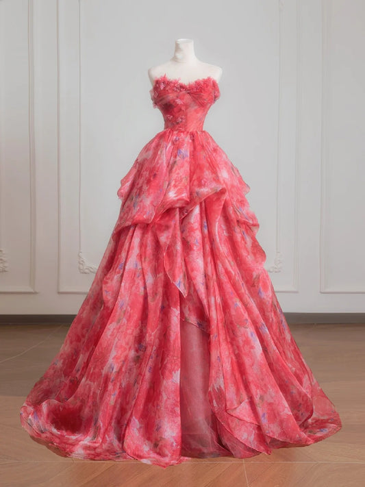 Sweet Ball Gown Sweetheart Pink Floral Chiffon Long Formal Evening Dress Formal Birthday Gowns Prom Dresses N727