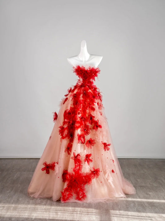 Cute Ball Gown Strapless Red Floral Sleeveless With Applique Pink Tulle Long Quinceanera Dresses Sweet 15 16 Birthday Outfit N676