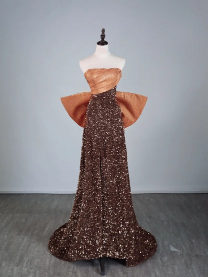 Cute A Line Strapless Brown Sequins Senior Prom Dresses High School Long Formal Dress N1279