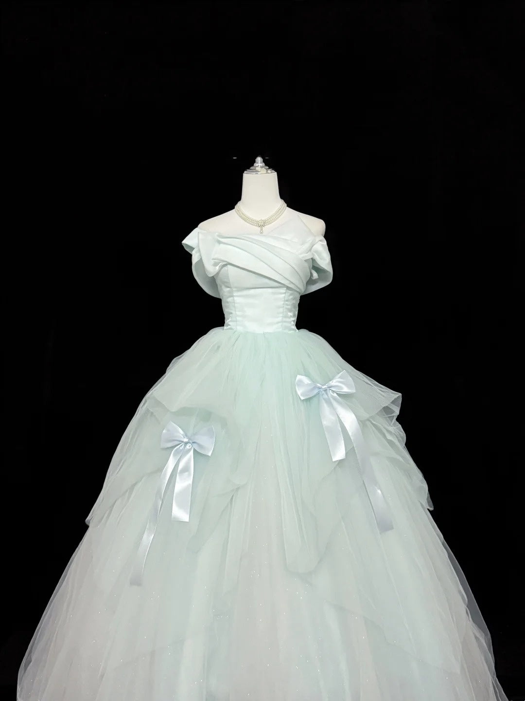 Tulle Prom Dress Long Floor Length Ball Gown Off Shoulder Mint Green With Bow-knot Formal Evening Gown For Women RC0248