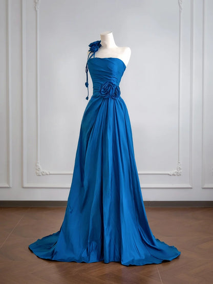 Simple A Line One Shoulder Royal Blue With Flowers Long Prom Dresses Impress 18th Birthday Outfits Party Gown N342