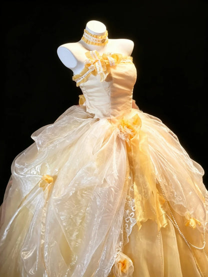 Fairy Quince Dress Ball Gown Strapless Yellow Tiered Sweet 16 Quinceanera Dresses 15 Vestidos De Fiesta N4481