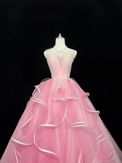 Pink Sweet 16 Dresses Long Ball Gown Sweetheart With Ruffled Sweet Sixteen Birthday Gown RC0224