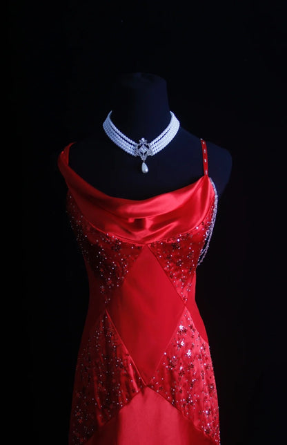 Retro Mermaid Spaghetti Strap Red Satin 90s Beaded Bodice Long Prom Dresses Inspo 18th Birthday Outfits Formal Dress N491