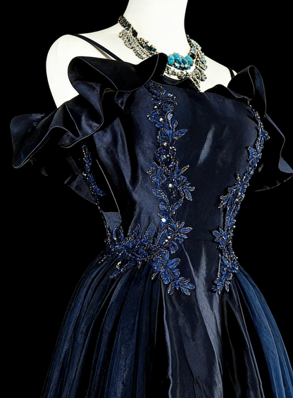 Vintage A line Spaghetti Straps Navy Blue Tulle 80s Evening Gowns Formal Birthday Dress Long Prom Dresses N1754