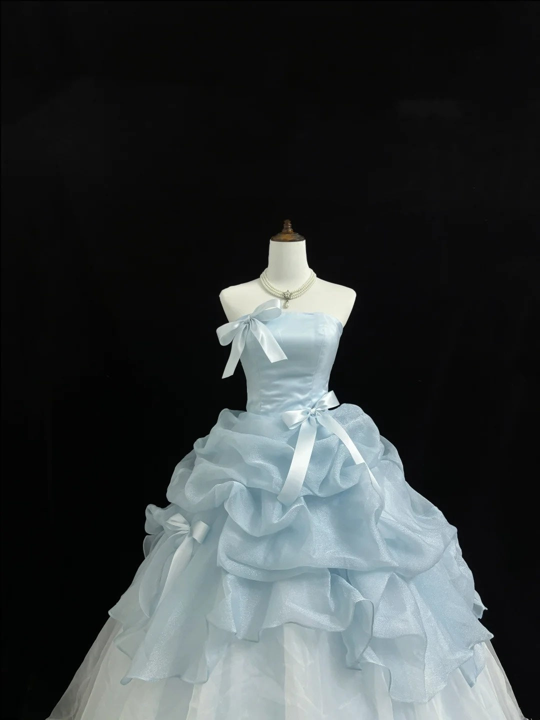 Light Blue Prom Dress Long Floor Length Ball Gown Strapless With Bow-knot Formal Evening Gown For Women RC0226