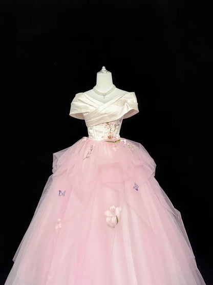 Cute Sweet 16 Dresses Long Ball Gown Off Shoulder Pink Tulle Formal Sweet Sixteen Birthday Gown RC0249