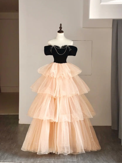 Princess Ball Gown Off The Shoulder Tulle Champagne College Formal Outfit Prom Graduation Dresses For Teens N1348