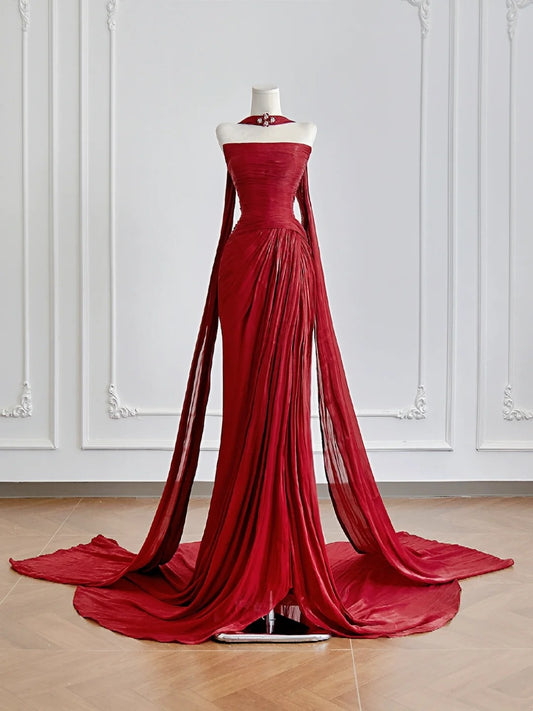 Timeless Mermaid Strapless Red Chiffon With Scarf Slit Long Prom Dresses Inspiration Party Gowns N307
