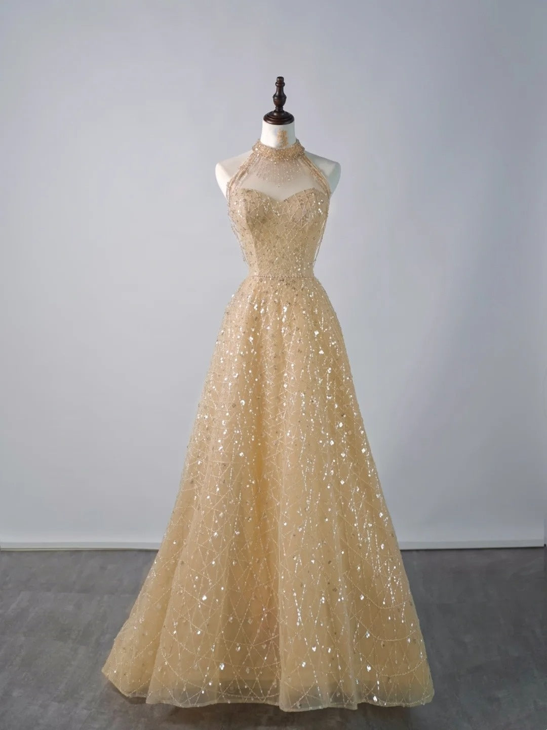 Sparkly Ball Gown High Neck Yellow Sequins Senior Prom Dresses High School Long Formal Dress N1290