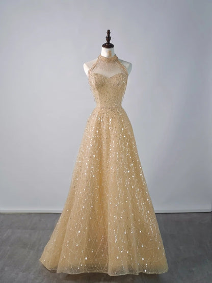 Sparkly Ball Gown High Neck Yellow Sequins Senior Prom Dresses High School Long Formal Dress N1290