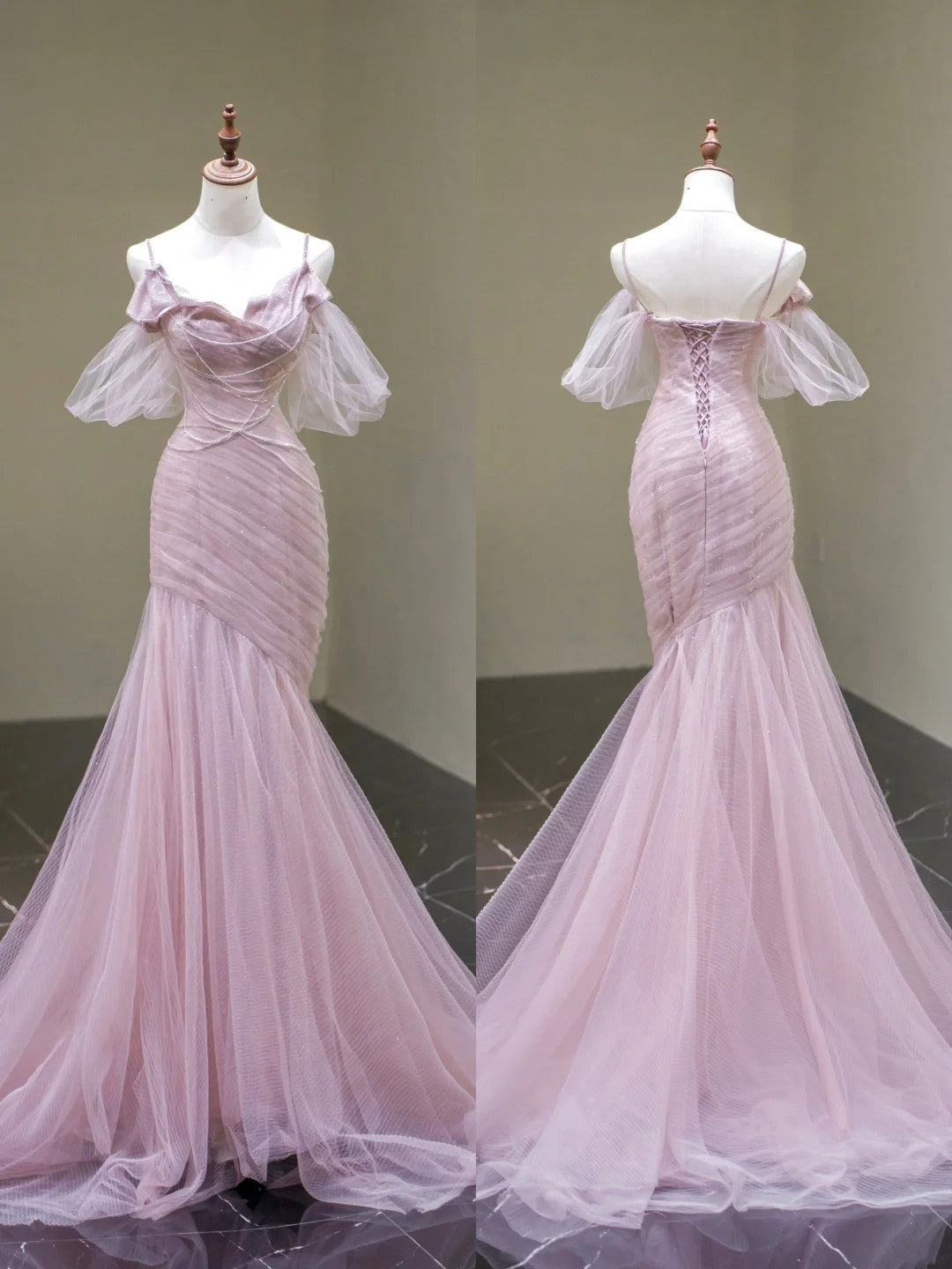 Modest Mermaid Spaghetti Strap Pink Sleeveless Tulle Long Prom Dress For Women Girls Evening Dresses N669