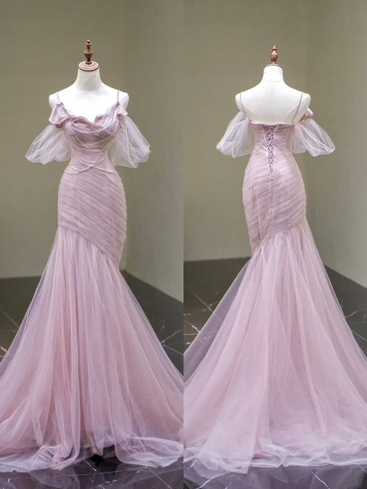 Modest Mermaid Spaghetti Strap Pink Sleeveless Tulle Long Prom Dress For Women Girls Evening Dresses N669
