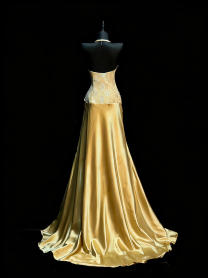 Modest A line Halter Gold Satin College Formal Outfit Long Prom Graduation Dresses For Teens N1182