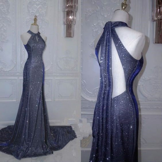 Mermaid Halter Sequin Navy Blue Long Prom Dresses Formal Dress AB1691