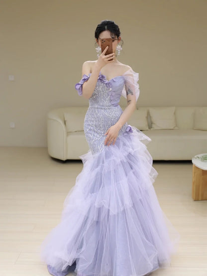 Modest Mermaid Off The Shoulder Lilac Tulle Long Prom Dresses Party Dress 21st Birthday Outfits Graduation Gown N851