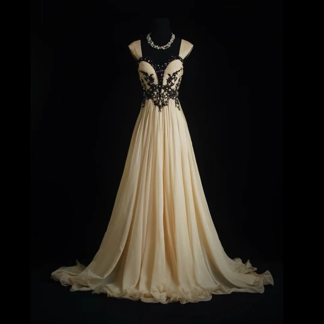 Vintage Prom Dresses 1960s A line Sweetheart Champagne Chiffon With Black Lace Floor Length Sleeveless Evening Formal Outfits RB4933