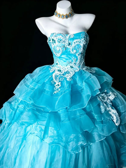 Sweet Ball Gown Sweetheart Blue Tulle With Appliqued Quince Dress Long Sweet 15 16 Quinceanera Dresses Vestido de princesa RB4474