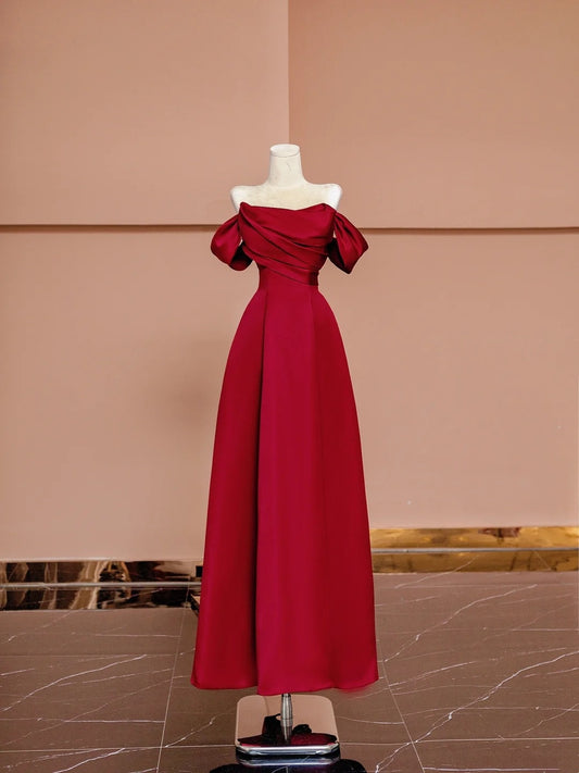 Gorgeous A line Off The Shoulder Burgundy Satin With Short Sleeves Formal Evening Dress Gowns Long Prom Dresses N722
