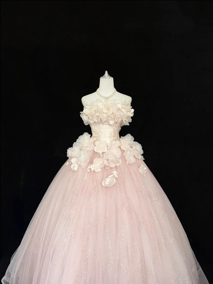 Sweet 16 Dresses Long Ball Gown Sweet Sixteen Long Birthday Dress Strapless 3D Flowers Pink Formal Gown RC0300
