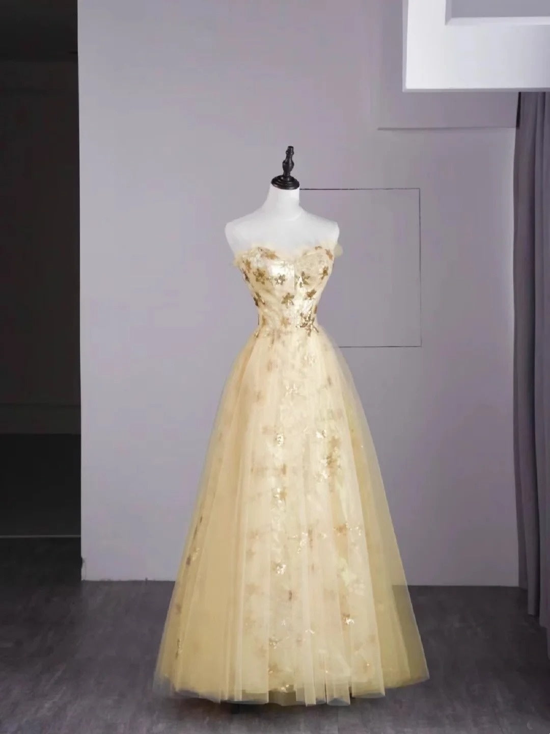 Vintage Night Aesthetic Ball Gown Strapless Tulle Yellow College Formal Sweet 16 Outfit Long Prom Dresses For Teens N1163