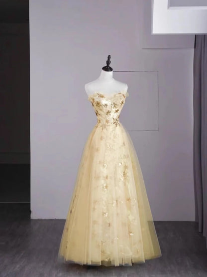 Vintage Night Aesthetic Ball Gown Strapless Tulle Yellow College Formal Sweet 16 Outfit Long Prom Dresses For Teens N1163