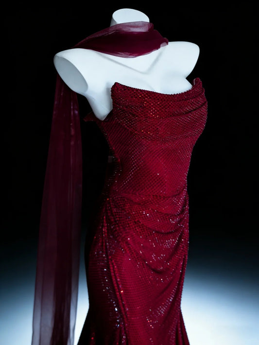 Pretty Prom Dresses Mermaid Strapless Burgundy Sequined With Scarf Long Formal Dress N3046
