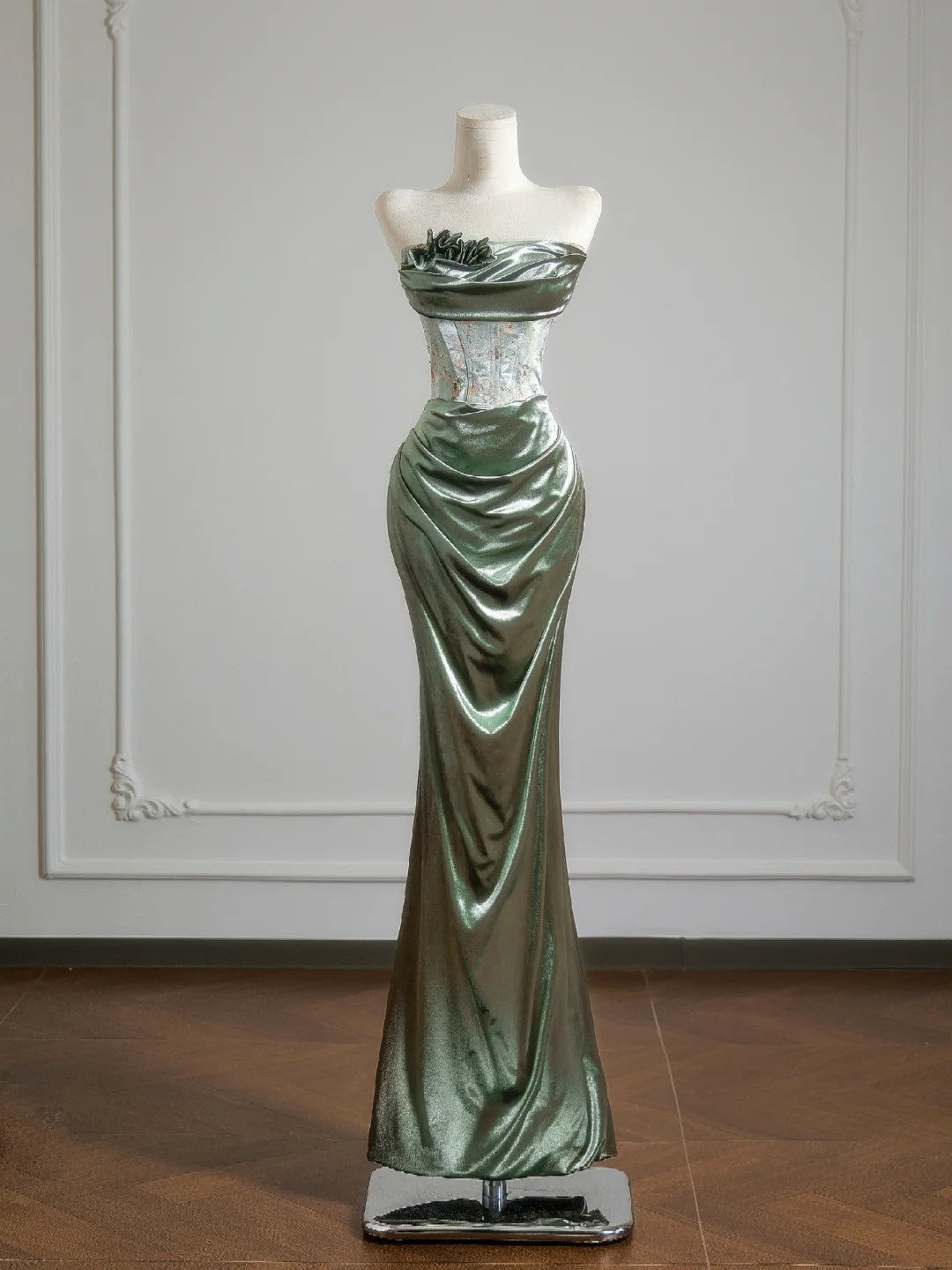 Romantic Mermaid Strapless Sage Green With Ruffles Long Prom Dresses Impress 18th Birthday Outfits Party Gown N397