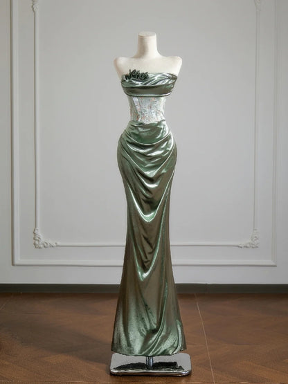 Romantic Mermaid Strapless Sage Green With Ruffles Long Prom Dresses Impress 18th Birthday Outfits Party Gown N397