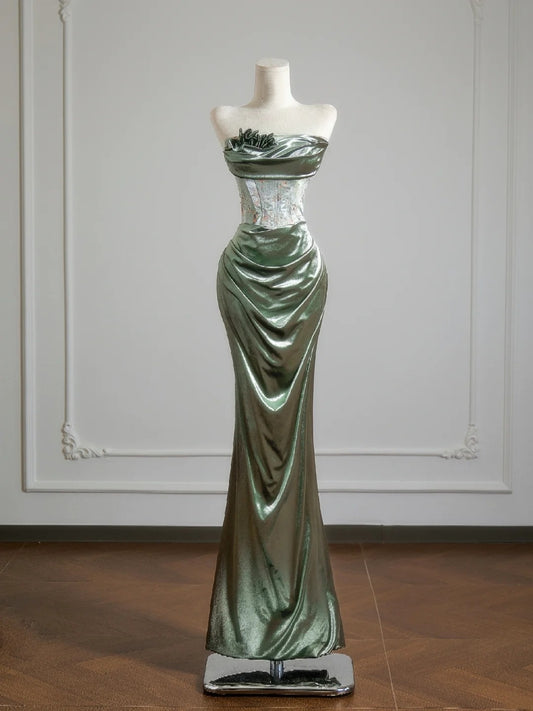 Romantic Mermaid Strapless Sage Green With Ruffles Long Prom Dresses Impress 18th Birthday Outfits Party Gown N397