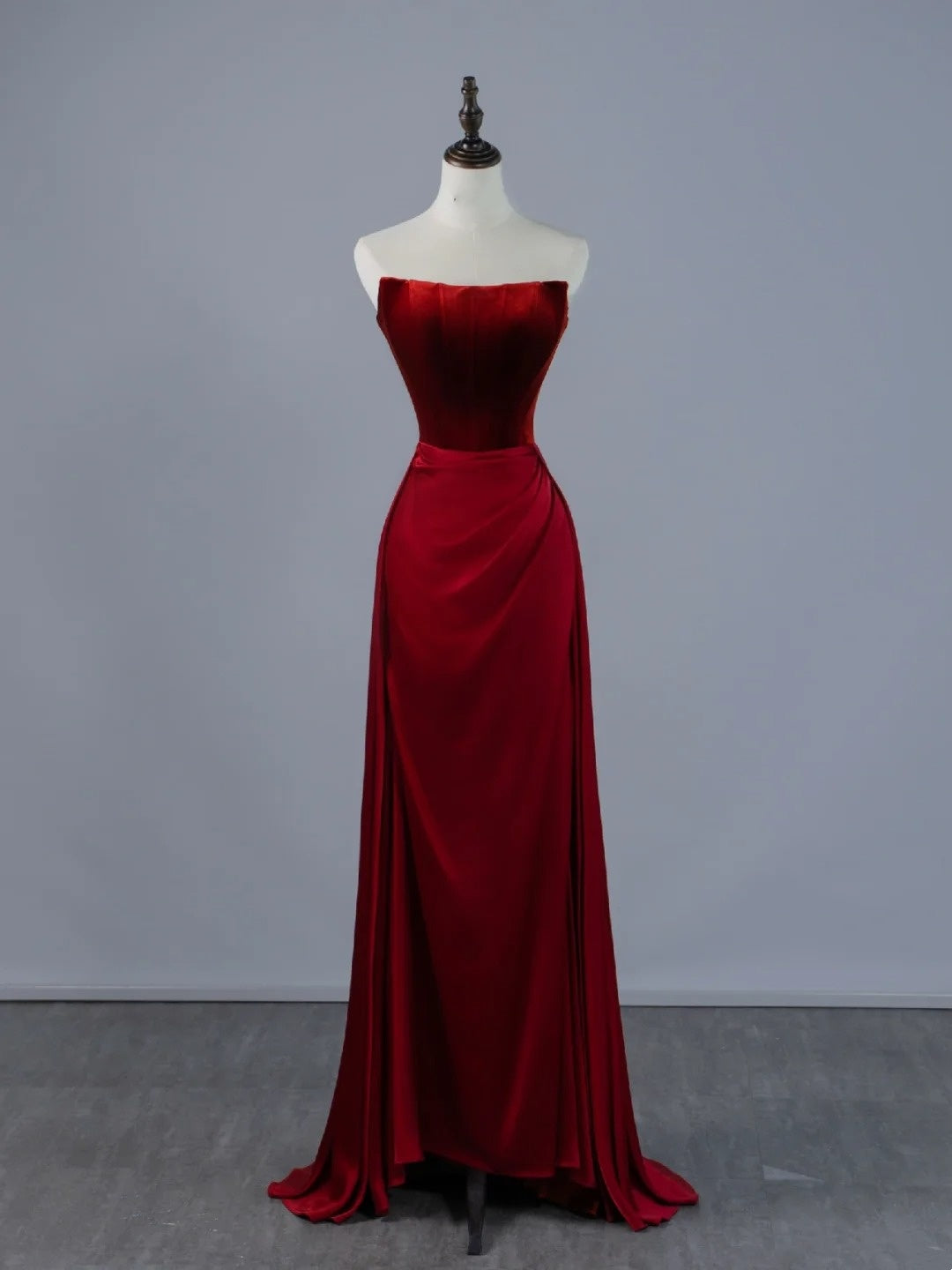 Modest Mermaid Strapless Wine Red With Ruffle Bodice Long Prom Dresses Night Formal Dresses N594
