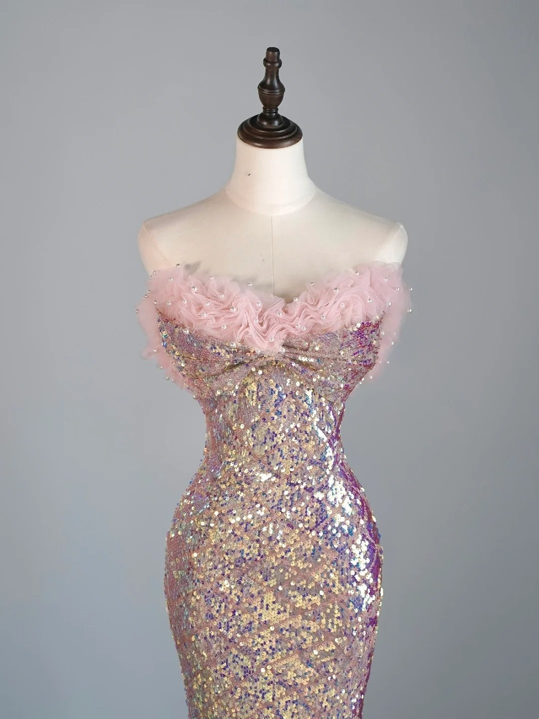 Modest Mermaid Sweetheart Pink Sequin Long Prom Dresses Night Semi Formal Dresses N686