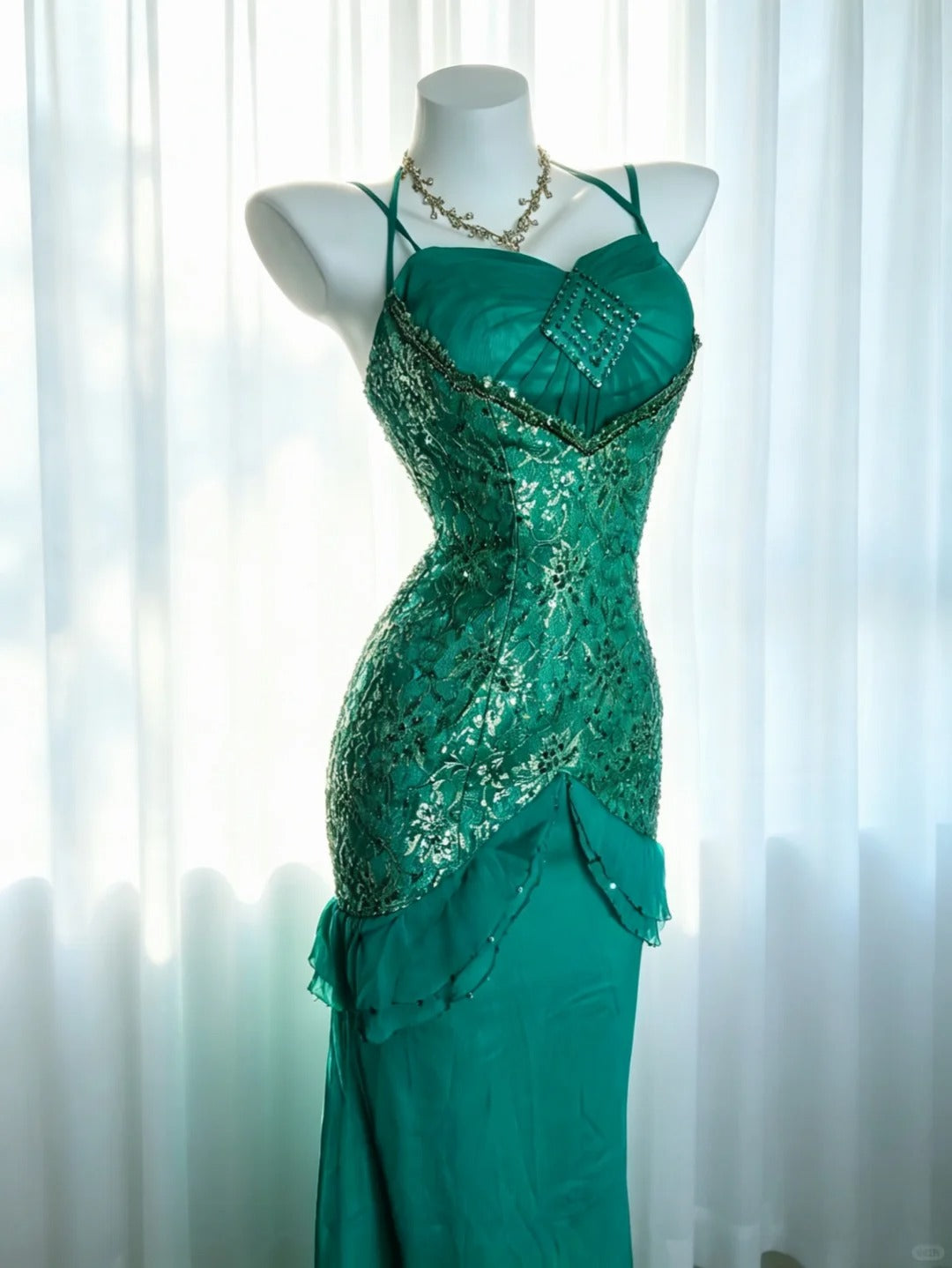 Elegant Mermaid Spaghetti Strap Green With Sequin 18th Birthday Elegant Outfit Formal Prom Dresses N4186