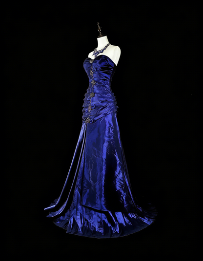 Vintage Mermaid Sweetheart Royal Blue Satin 80s Evening Gowns Formal Birthday Dress Long Prom Dresses N1756